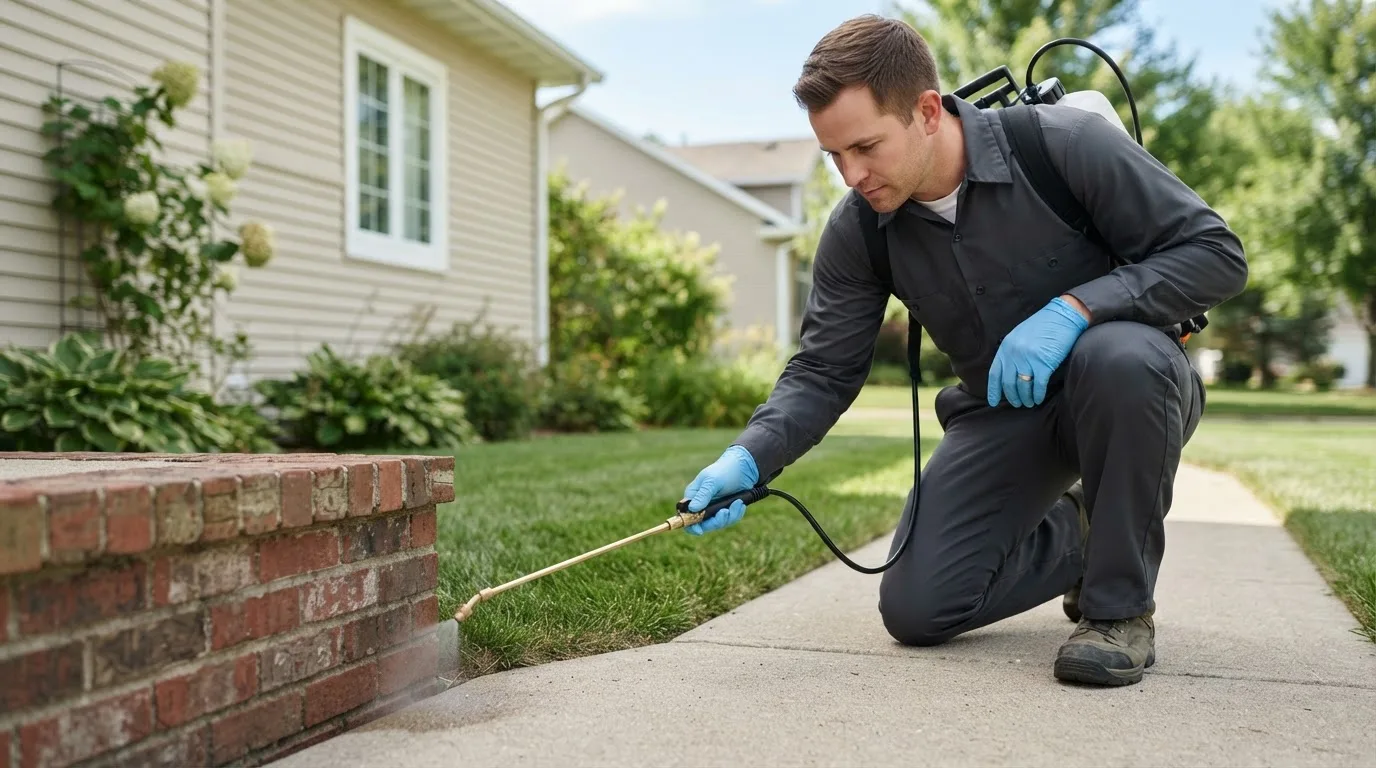 Pest control technician treating a home near Chanute, KS