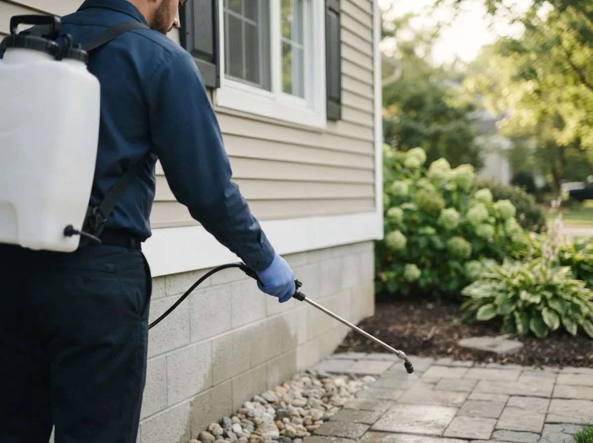 Pest control technician inspecting a home in Chanute, KS